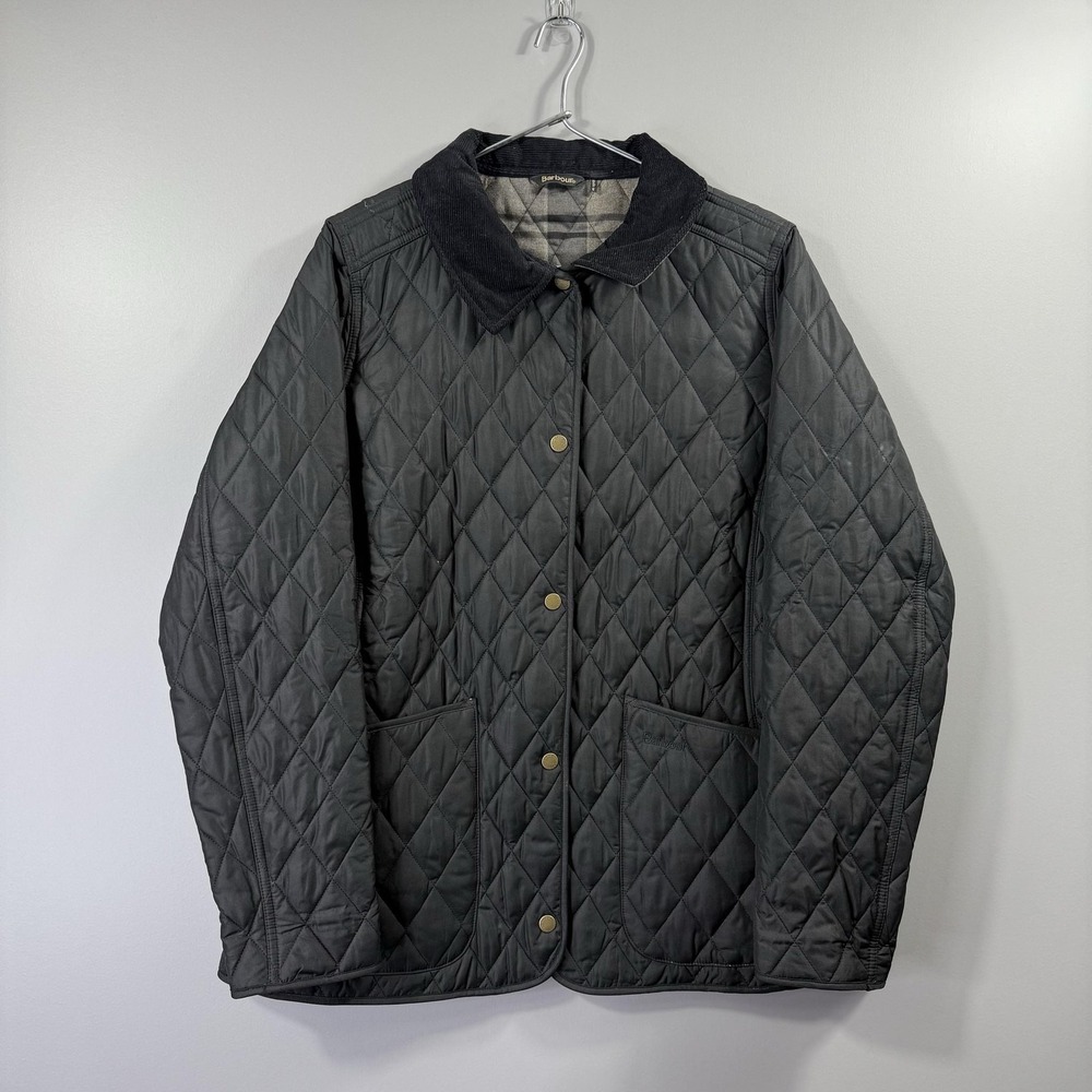Barbour Winter Tartan Quilted Jacket Womens 12 Gray Corduroy Collar Snap Coat